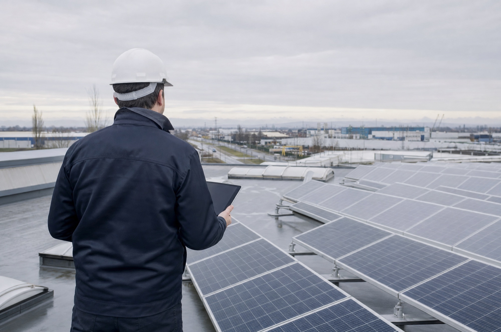 Techniker mit Tablet auf einem Dach mit Photovoltaikmodulen