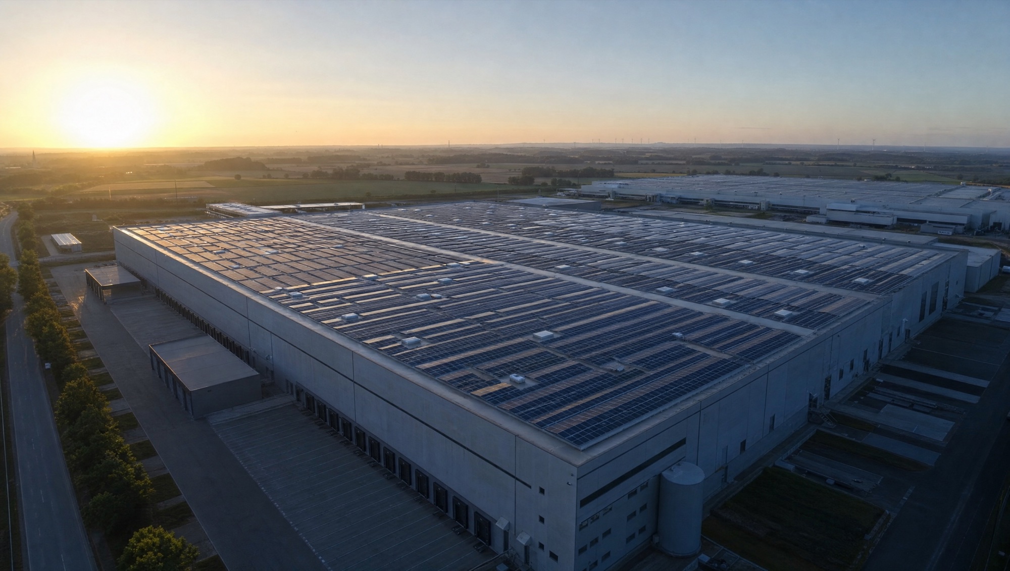 Luftbild einer Industriehalle mit Photovoltaikanlage im Abendlicht