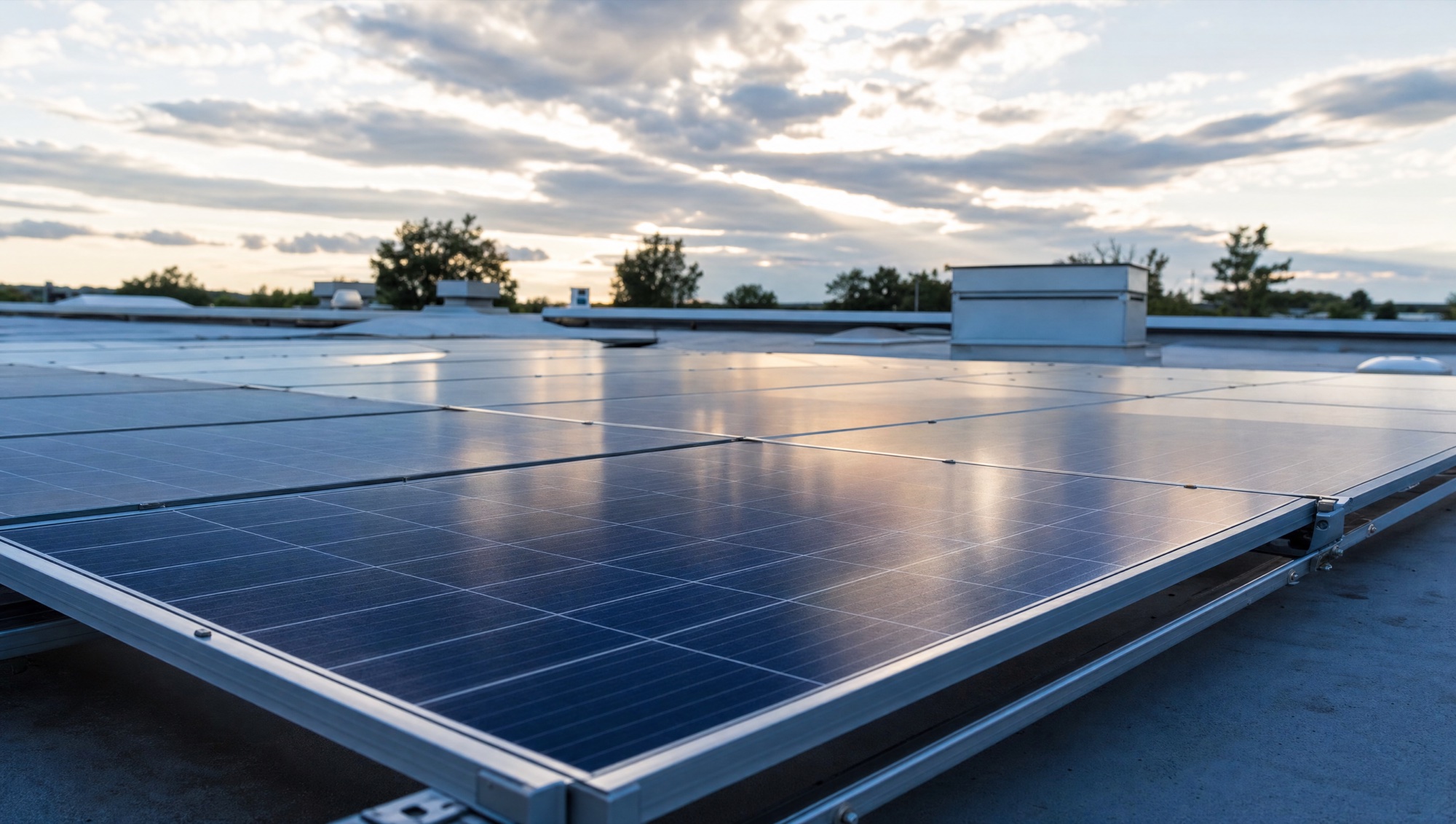 Nahaufnahme von Photovoltaikmodulen auf einem Flachdach